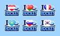 I love hockey vector stickers. Austria, Belarus, France, Kazakhstan, Slovenia, South Korea national flags. Sport poster