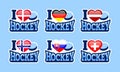 I love hockey vector stickers. Denmark, Germany, Latvia, Norway, Slovakia, Switzerland national flags. Sport poster. Winter sports Royalty Free Stock Photo