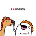 I love horses hand drawn vector illustration in cartoon comic style man touches animal Royalty Free Stock Photo