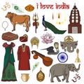 I love India. Set of indian objects and symbol Om.