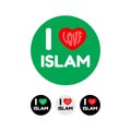 I Love Islam faith Text with Red Hearts on Green Background