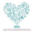 I love Israel t-shirt design. Israelsymbols in the shape of heart on white background. Grunge vector illustration with