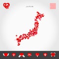 I Love Japan. Red Hearts Pattern Vector Map of Japan. Love Icon Set