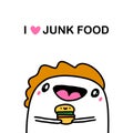 I love junk food hand drawn vector illustration in cartoon comic style man cheeful holding burger