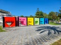 I love Kemer, colorful tourist sign in Olbia park. Kemer is a seaside resort and district of Antalya Province on the Royalty Free Stock Photo