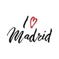 I love Madrid text logo. Travel design souvenir print. T-shirt, bag, postcard template. Vector