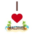 I love Maldives. Travel. Palm, summer, lounge chair. Vector flat illustration.