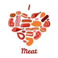 I love meat set. Bacon, chicken, ham, smoked pork, jamon illustration. Cartoon style. Vector