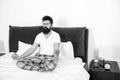 I love meditation. Brutal hipster do meditation in bed. Bearded man enjoy meditation practice. Meditation and mantra