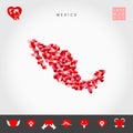I Love Mexico. Red Hearts Pattern Vector Map of Mexico. Love Icon Set