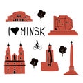 I love minsk concept with the main sightseeings, places to see in minsk, capital of Belarus, Cartoon illustration with