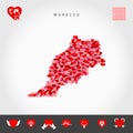 I Love Morocco. Red Hearts Pattern Vector Map of Morocco. Love Icon Set
