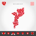I Love Mozambique. Red Hearts Pattern Vector Map of Mozambique. Love Icon Set
