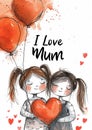 I Love Mum - Girl and Mother Hold Red Balloons - Mothers Day Concept Royalty Free Stock Photo