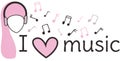 I love music. Black and pink banner. The inscription, the head of a woman in headphones and musical notes on a white background.