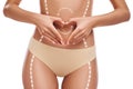 I love my Body. Slim woman is showing heart shape with hands in front of her belly while standing against white
