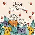 I love my family, text. Cute cats peeking out of the leaves. Vector Royalty Free Stock Photo