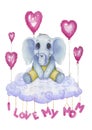 I love my mom, watercolour poster for nursery. Cute character, little elephant. lettering