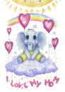 I love my mom, watercolour poster for nursery. Cute character, little elephant