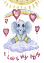 I love my mom, watercolour poster for nursery. Cute character, little elephant. lettering