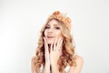 I love my perfect skin. Closeup portrait happy woman smiling touching face looking at you camera with white gold diamond crown on Royalty Free Stock Photo