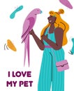 I love my pet - cartoon card with young woman holding colorful pink parrot Royalty Free Stock Photo