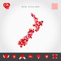 I Love New Zealand. Red Hearts Pattern Vector Map of New Zealand. Love Icon Set