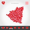 I Love Nicaragua. Red Hearts Pattern Vector Map of Nicaragua. Love Icon Set