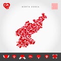 I Love North Korea. Red Hearts Pattern Vector Map of North Korea. Love Icon Set