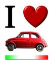 I Love Old Small Italian Car. Heart And Red Italian Flag