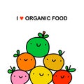 I love organic food hand drawn vector illustration in cartoon comic style fruits vegetables smiling kawaii expressive Royalty Free Stock Photo