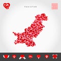 I Love Pakistan. Red Hearts Pattern Vector Map of Pakistan. Love Icon Set