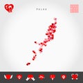 I Love Palau. Red Hearts Pattern Vector Map of Palau. Love Icon Set