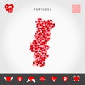 I Love Portugal. Red Hearts Pattern Vector Map of Portugal. Love Icon Set