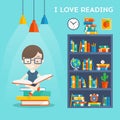 Man sits on a stock of books and read his favorite book next to the bookcase vector illustration