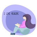 I Love Reading flat style vector illustration with reading girl. Reading person with open book.