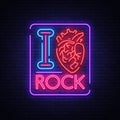 I love rock. Neon sign, bright banner, symbol, poster on the theme of rock`n`roll music, for a party, concert, festival