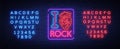 I love rock. Neon sign, bright banner, symbol, poster on the theme of rock n roll music, for a party, concert, festival