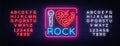 I love rock neon signboard. Rock music neon sign, symbol, bright icon, design element of Rock and Roll. Vector Royalty Free Stock Photo