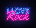 I Love Rock Neon Text Vector. Rock Music neon sign, design template, modern trend design, night neon signboard, night