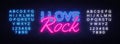 I Love Rock Neon Text Vector. Rock Music neon sign, design template, modern trend design, night neon signboard, night Royalty Free Stock Photo