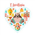 I love Russia. Flat illustration. Set of clipart on the Russian theme arranged in the shape of the heart