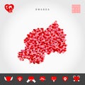 I Love Rwanda. Red Hearts Pattern Vector Map of Rwanda. Love Icon Set
