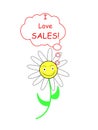 I love sales! Daisy emoji, emoticon with speech bubble