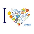 I love space. Heart symbol of cosmic elements