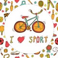 I love sport. Bicycle emblem. Hand drawn doodle sport background