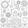 I love Spring. Coloring page. Vector illustration. Bird, flowers.