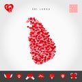 I Love Sri Lanka. Red Hearts Pattern Vector Map of Sri Lanka. Love Icon Set