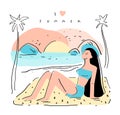 I love summer. Beautiful girl on the beach. Flat vector  hand drawn composition with quote, beach, sunset and woman. Useful for Royalty Free Stock Photo