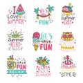 I love summer cute labels set, relax summer time hand drawn colorful vector Illustrations